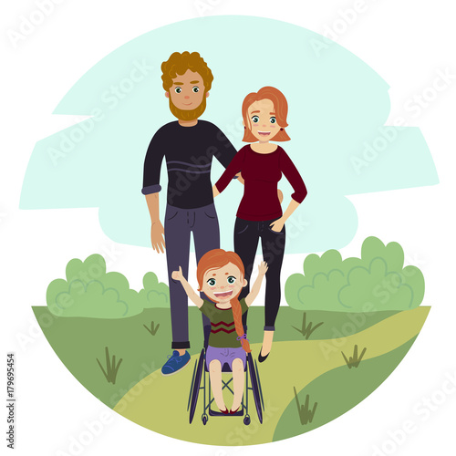 Happy family with disabled wheelchair girl