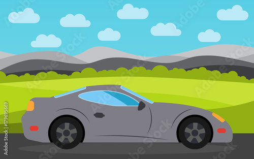 Gray sports car in the background of nature landscape in the daytime.  Vector illustration.  