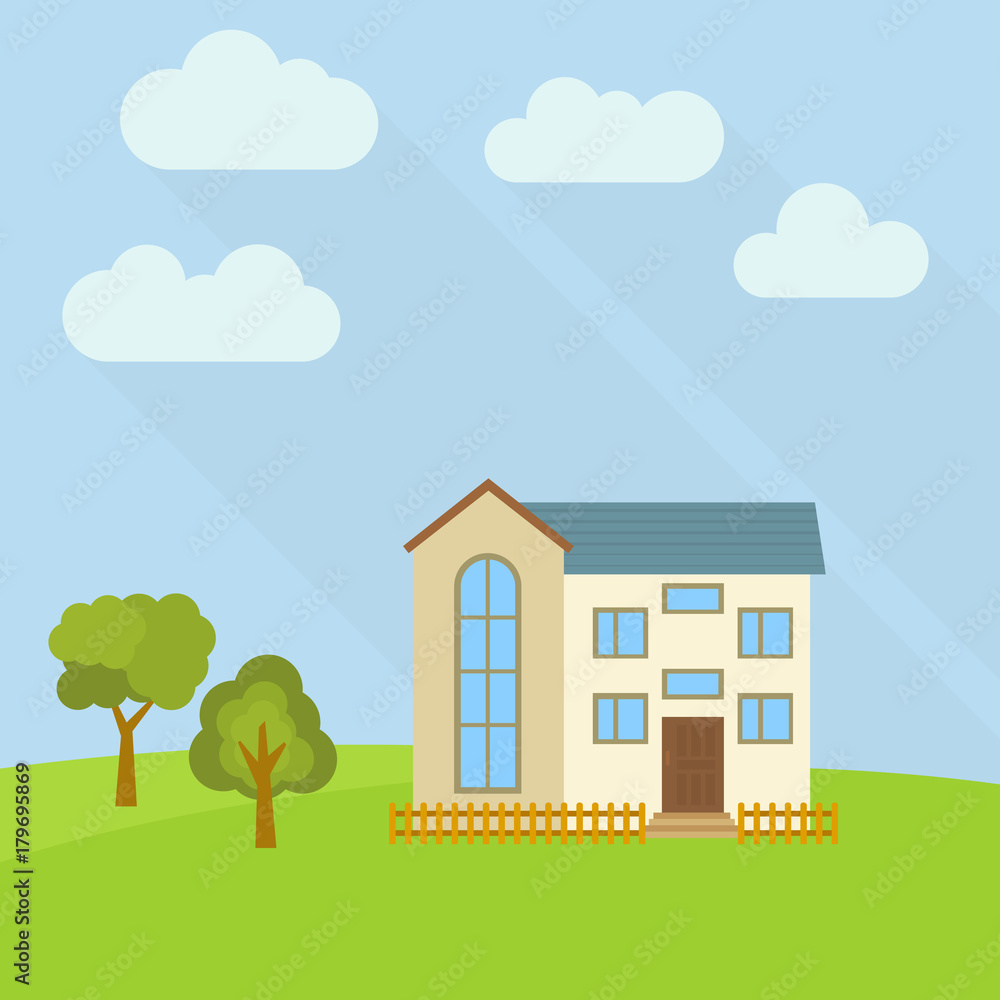 Lone two-storey house in a field with two green trees. Vector illustration.
