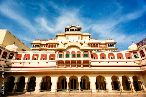 Chandra Mahal Palace (Jaipur City), Rajasthan, India. Maharaja Residence. Old Indian architecture. Wide angle, blue sky with clouds