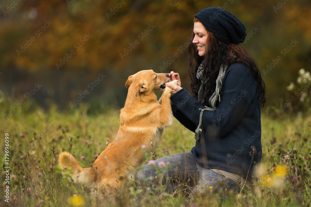Frau gibt Hund Belohnung