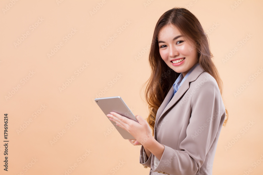 portrait of happy asian business woman using computer tablet portrait of happy asian business woman using computer tablet