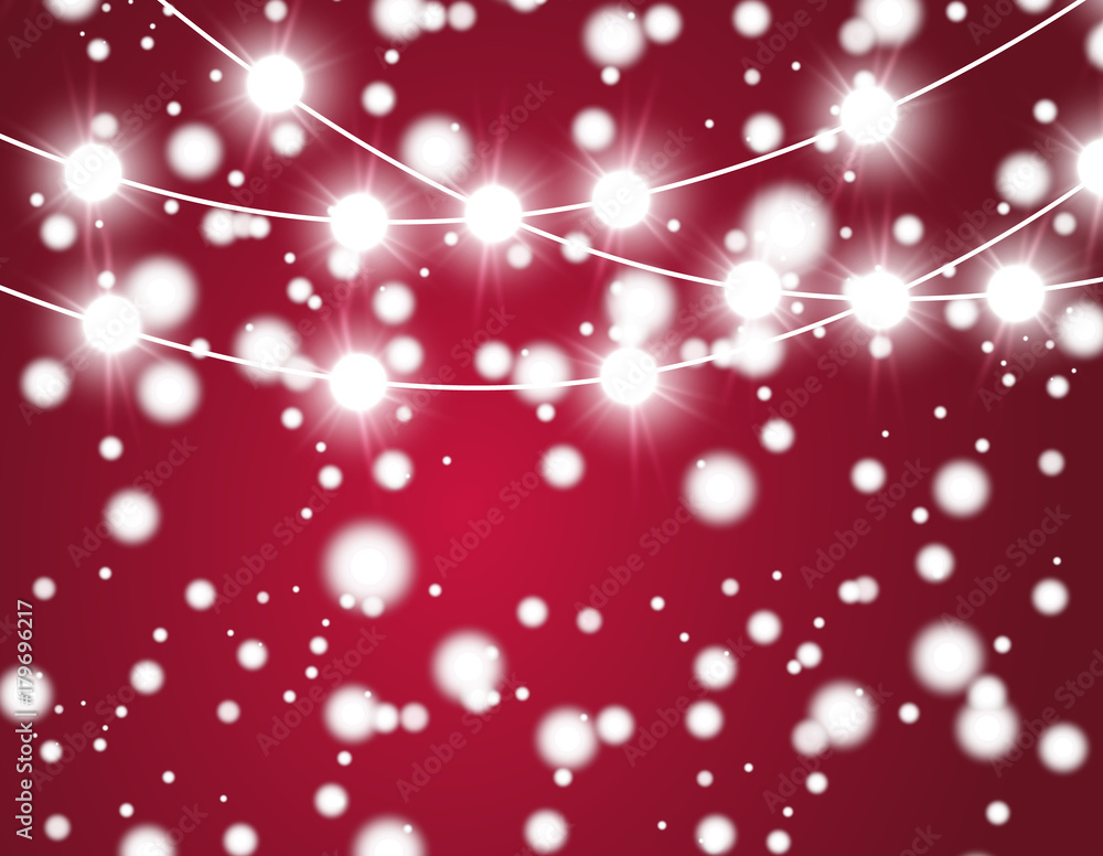 Christmas background with xmas lights. Vector glowing garland isolated on red background with shine particles.