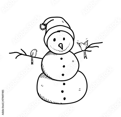 Snowman Wearing Santa Hat Doodle, a hand drawn vector doodle illustration of a snowman on Christmas day.
