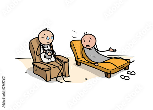 Stick Figure of a Psychiatrist and a Patient in a Therapy Session, a hand drawn vector doodle of stick figure psychology.
