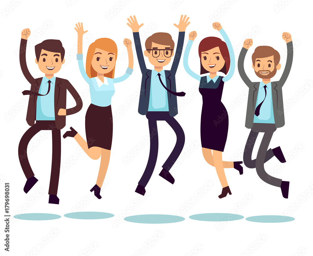 Happy and smiling workers, business people jumping flat vector characters Happy and smiling workers, business people jumping flat vector characters