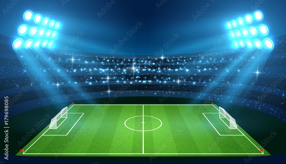 Soccer stadium with empty football field and spotlights vector