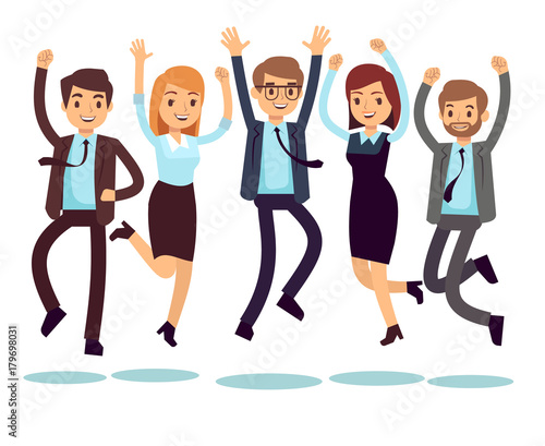 Happy and smiling workers, business people jumping flat vector characters