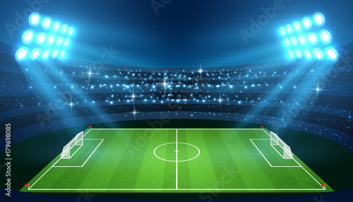 Soccer stadium with empty football field and spotlights vector illustration