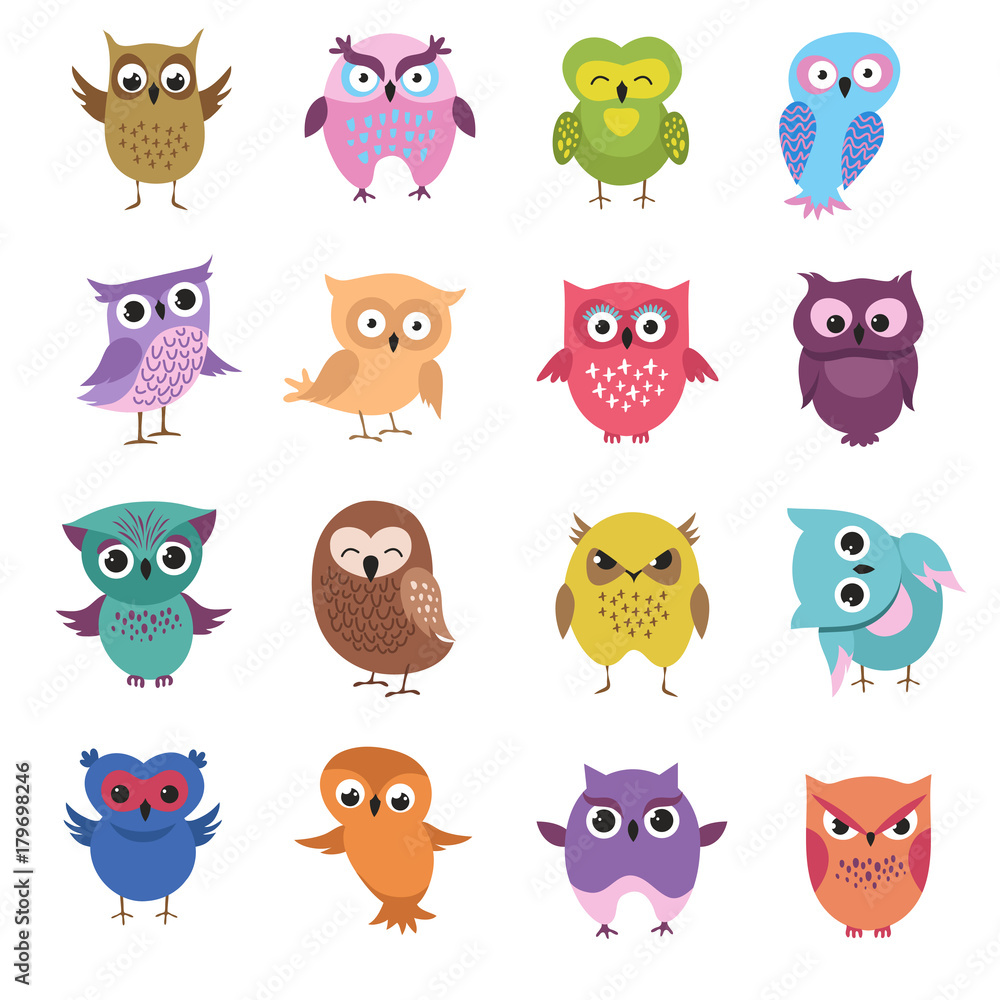 Cute cartoon owl characters vector set