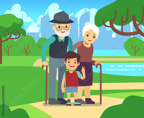 Happy cartoon older couple with grandson in park vector illustration