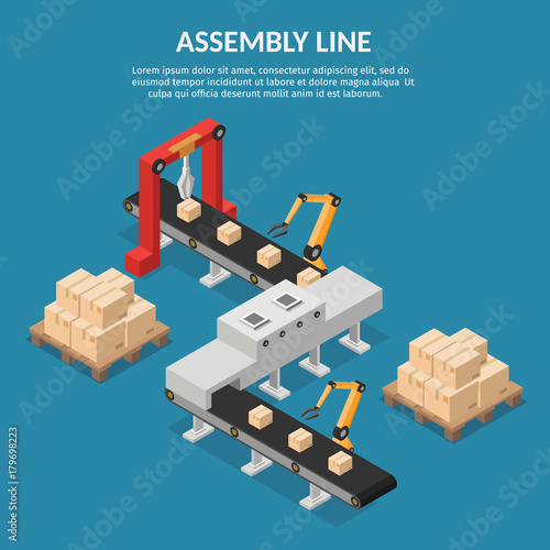 Isometric Automation abstract robotic assembly line set flat isolated vector illustration background