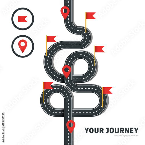 Vector winding road with pins and flags isolated on white background