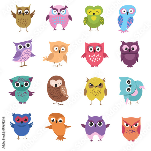 Cute cartoon owl characters vector set