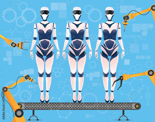 Assembly line Artifical intelligence girl cyborg robot assembly background