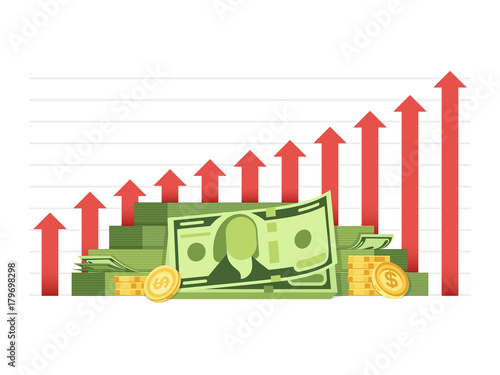 Growing business chart with pile of money cash financial vector concept