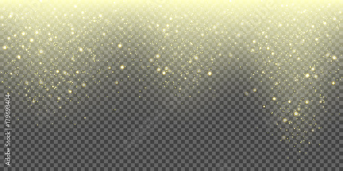 Snow falling vector background of golden sparkling snowfall and glittering snowflakes. Vector abstract glowing gold glitter particles pattern background for Christmas or New Year winter greeting card