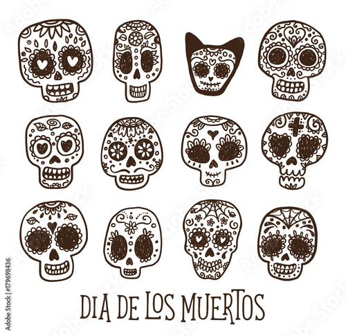 Dias de los Muertos - Day of the Dead in Mexico. Vector greeting card with hand drawn doodle sugar skulls.