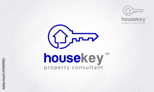 House Key Vector Logo Template. Vector logo design element on white background. Real estate, key, house or home made from one direction line. it's modern, simple and clean design.