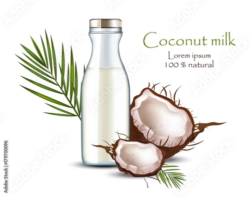 Coconut milk bottle Vector realistic. Food identity Packaging mock ups