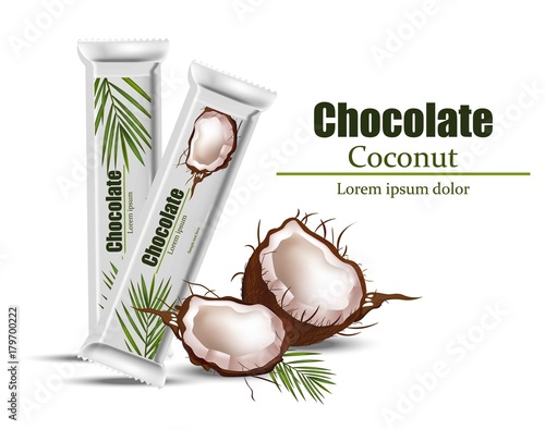 Coconut chocolate package mock up. Vector Layout of food identity branding, p...
