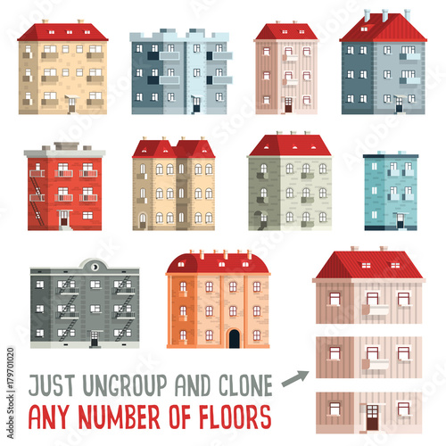 Set of colored detailed retro houses in flat style. They consist of three separate parts - roof,  middle, ground floor. Just ungroup and clone center to get required height of the building.