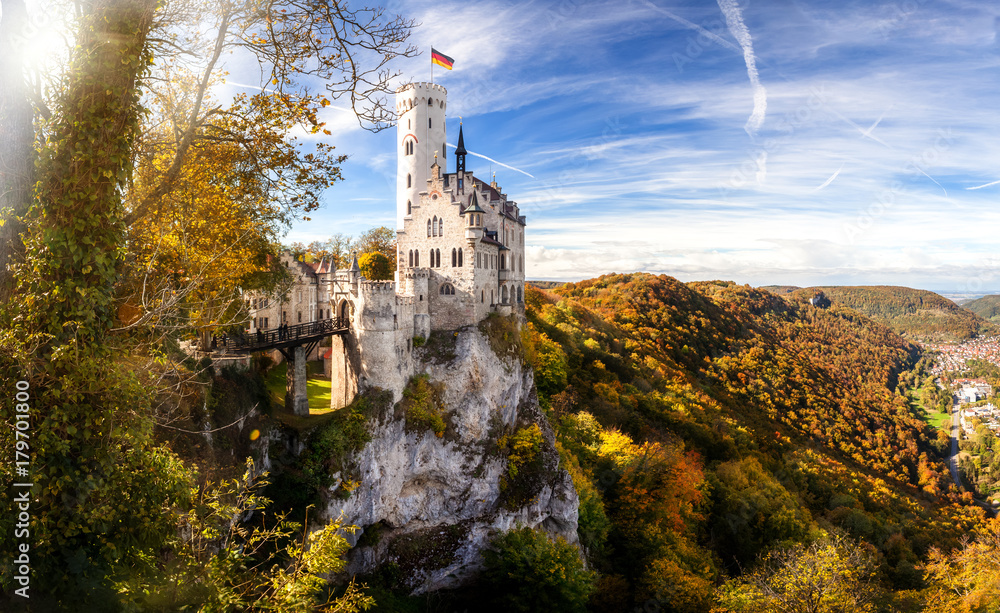Germany panoramic view of landmark fairytale castle/Schloss Lichtenstein in the Schwäbische Alb region