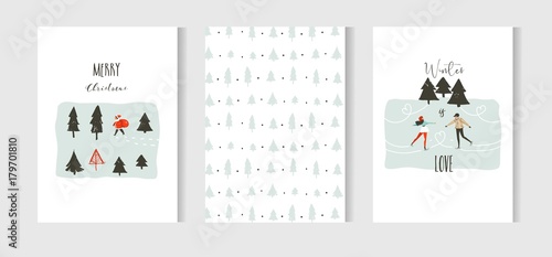 Hand drawn vector abstract fun Merry Christmas time cartoon cards collection set with cute illustrations,sledding people,Santa Claus,Christmas tree and modern calligraphy isolated on white background