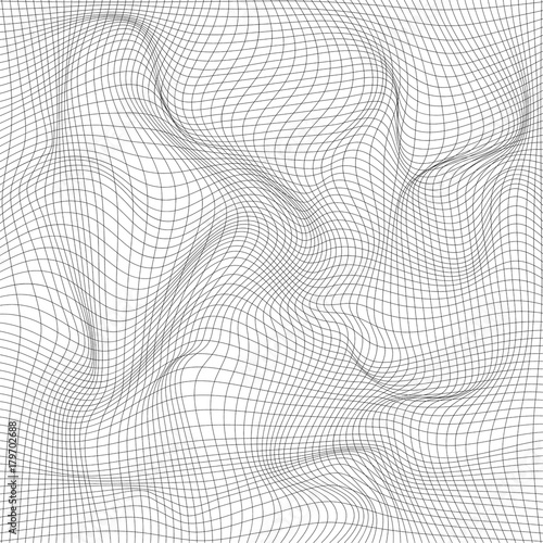 Distorted wave monochrome texture. Abstract dynamical rippled surface. Vector stripe  deformation background. Mesh, grid pattern of lines. Black and white illustration.
