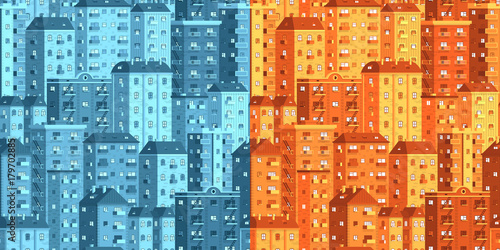Multi-storey houses seamless vector pattern - 2 option, dawn and dusky tones. Included in swathes panel.