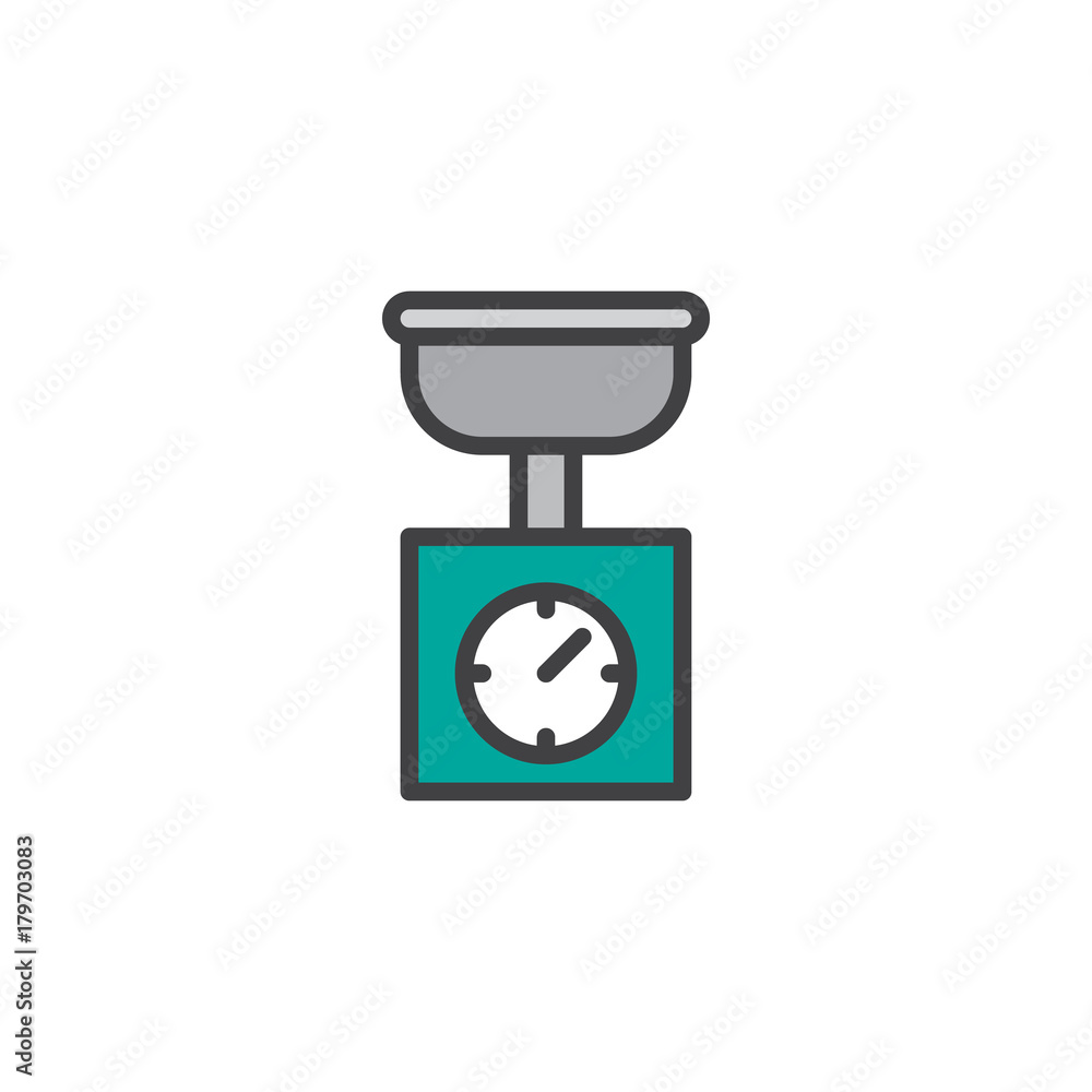 Kitchen scales filled outline icon, line vector sign, linear colorful pictogram isolated on white. Weight scale symbol, logo illustration. Pixel perfect vector graphics Kitchen scales filled outline icon, line vector sign, linear colorful pictogram isolated on white. Weight scale symbol, logo illustration. Pixel perfect vector graphics