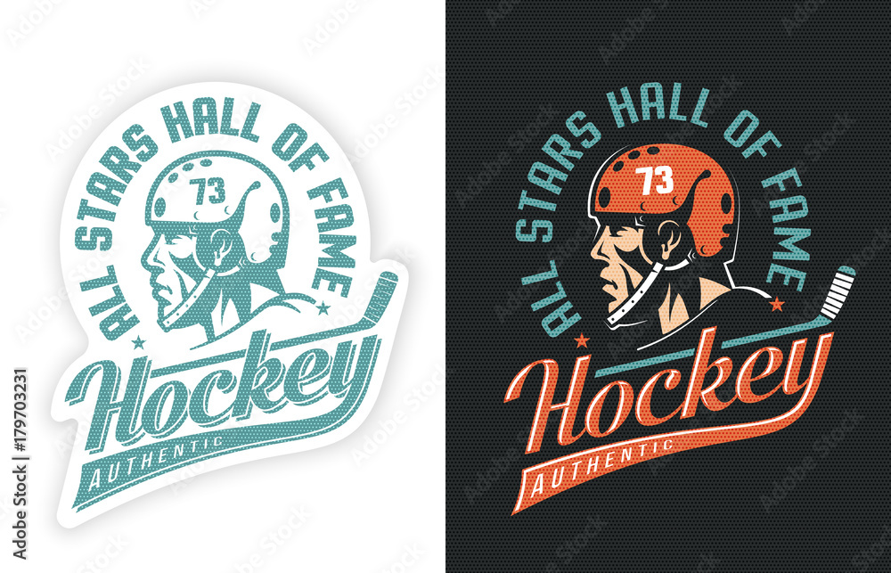 Fototapeta premium Stylish sports retro logo with hockey player, stick and inscription. Two options - sticker on white and colored emblem on black background. Dot texture is grouped separately and can be easily removed.