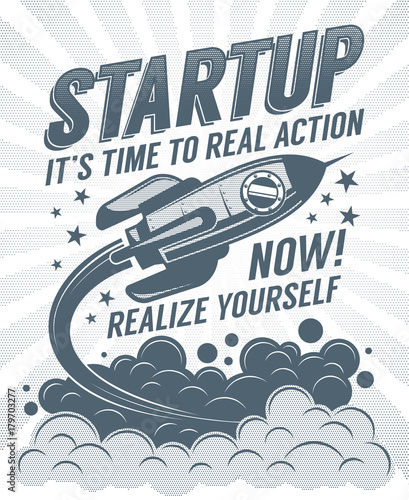 Startup retro poster with a rising rocket and halftone dots print vintage effect. 