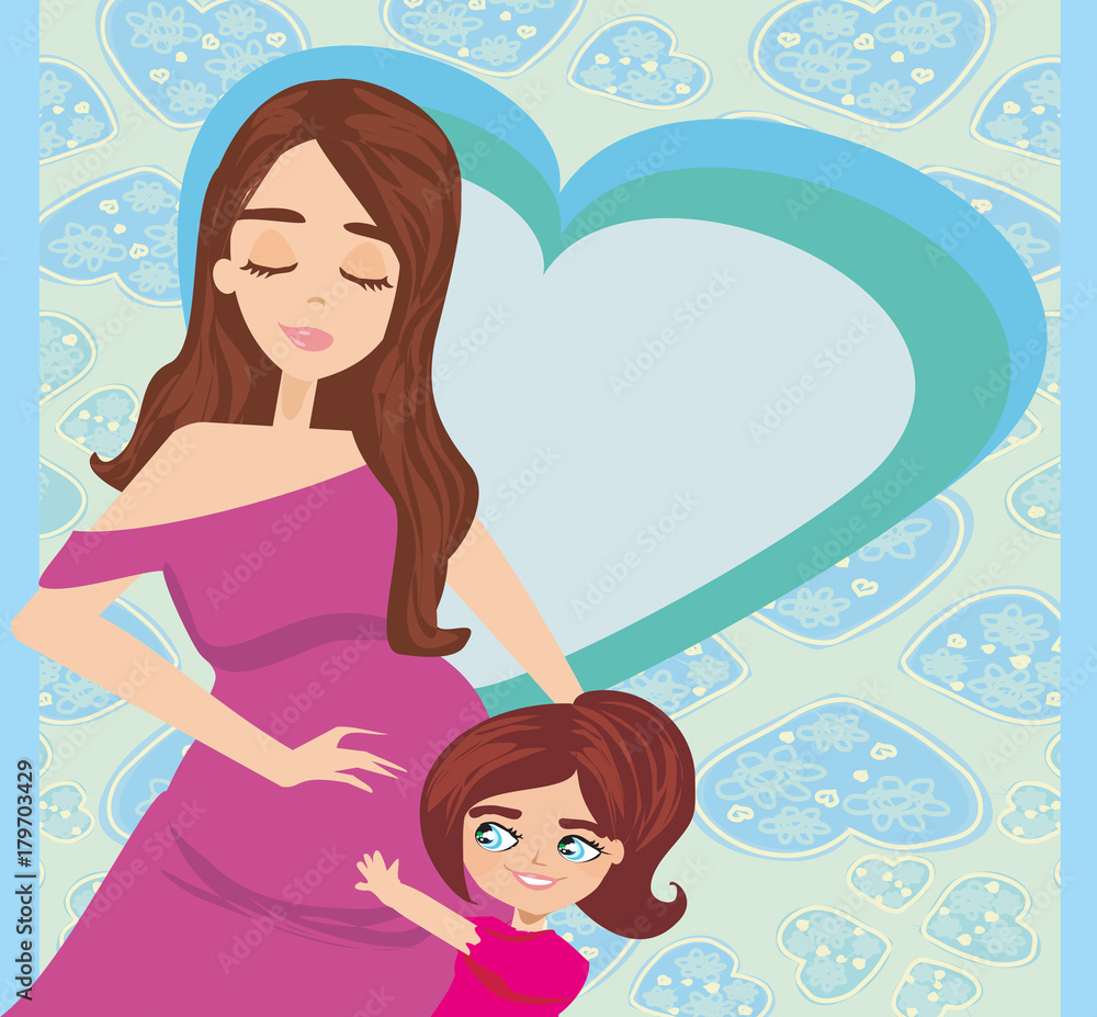 Happy kid girl hugging pregnant mother's belly Happy kid girl hugging pregnant mother's belly
