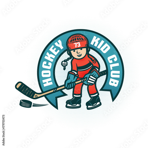 Logo of the children's hockey club with  boy in the form and helmet. Halftone dots are grouped and easily removed if necessary.