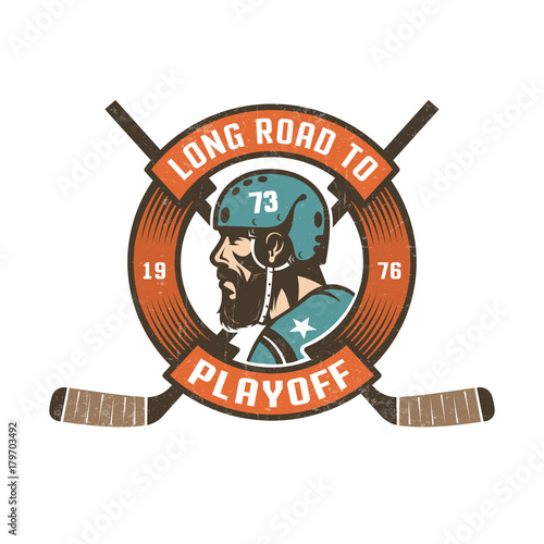Hockey playoff logo with bearded player's head in retro helmet,  circular ribbon and crossed sticks. Worn texture on  separate layer and can be easily disabled.