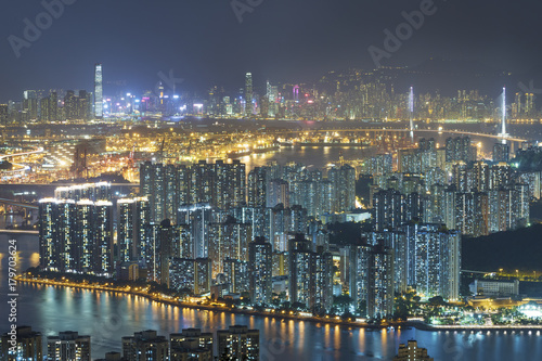 Aerial view of Hong Kong city at night © leeyiutung