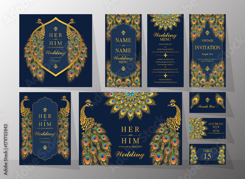  Wedding Invitation card templates with gold patterned and crystals on background color. photo