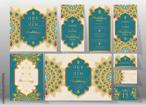  Wedding Invitation card templates with gold patterned and crystals on background color.