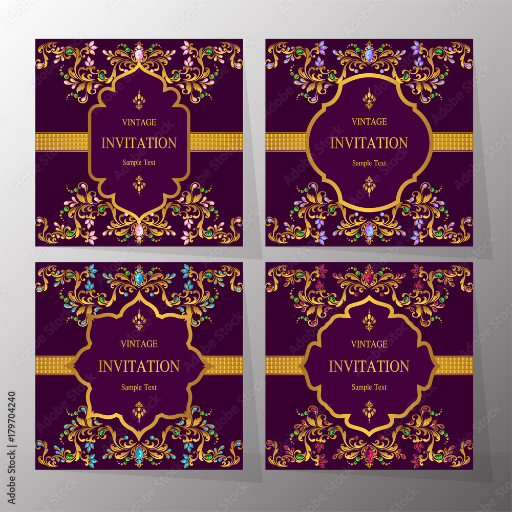 Wedding Invitation card templates with gold patterned and crystals on background color. Wedding Invitation card templates with gold patterned and crystals on background color.
