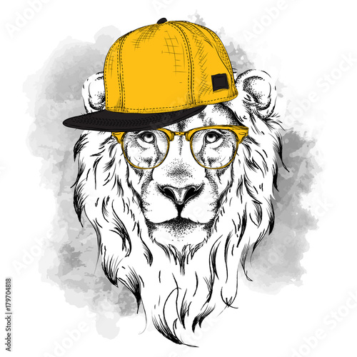 The poster with the image lion portrait in hip-hop hat. Vector illustration.