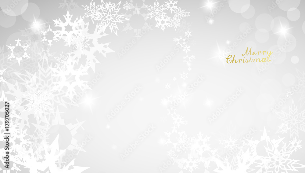 Christmas light background with white snowflakes and golden Merry Christmas text - light version Christmas light background with white snowflakes and golden Merry Christmas text - light version