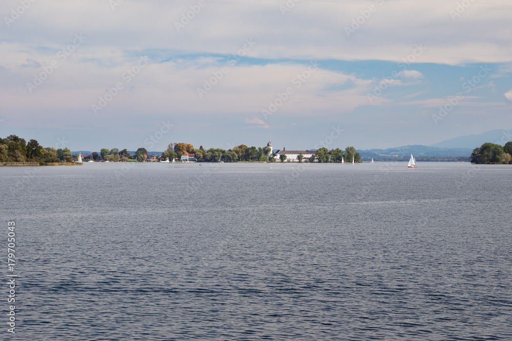 Chiemsee with Frauenchiemsee island in a distance seen from Prien
