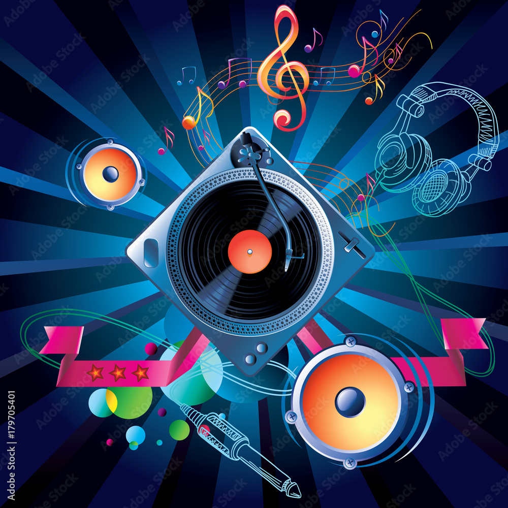 Obraz premium Turntable, loudspeakers and bright musical notes