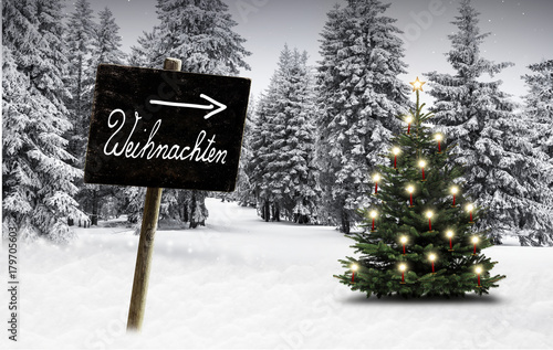 Schild Weihnachten im Winterwald