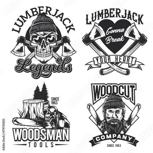 Set of vintage lumberjack emblems, labels, badges, logos. Isolated on white