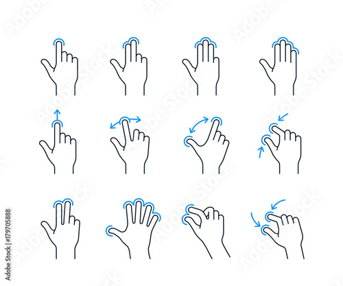 Touchscreen gesture icons for smartphones. Linear icon set