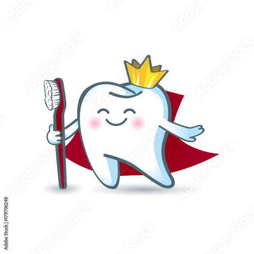 Icon cartoon healthy tooth in the crown, holding a toothbrush