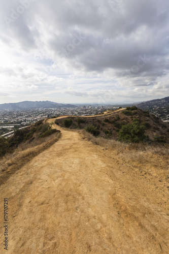 Urban hilltop hiking trail above Los Angeles and Glendale in Southern California.