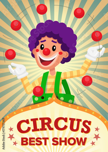 Circus Clown Show Poster Template Vector. Party Amusement Park. For Your Advertising. Illustration
